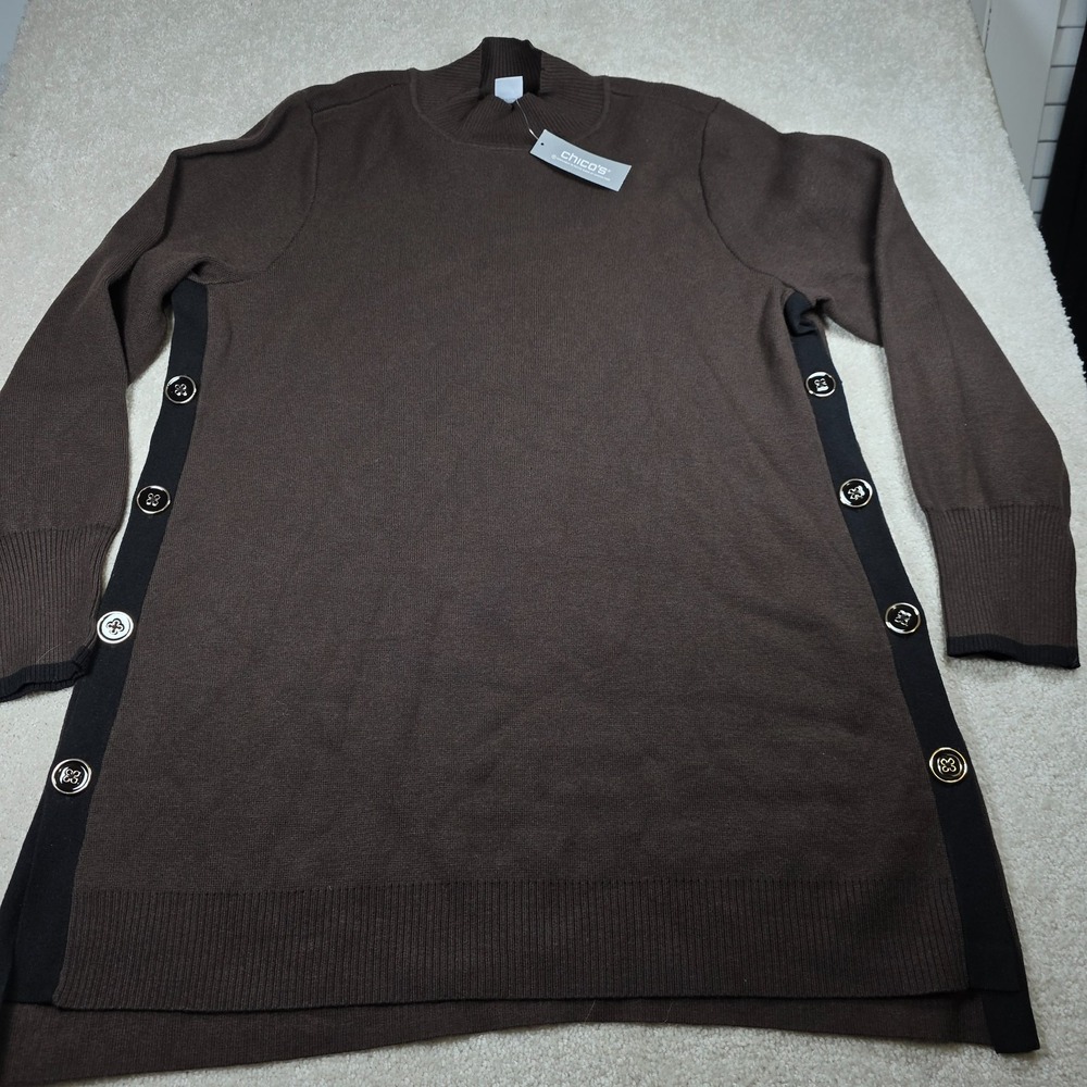 Chico's Tunic Sweater Womens L Brown Knit Button Detail Hi-Low Hem Mock Neck NWT
